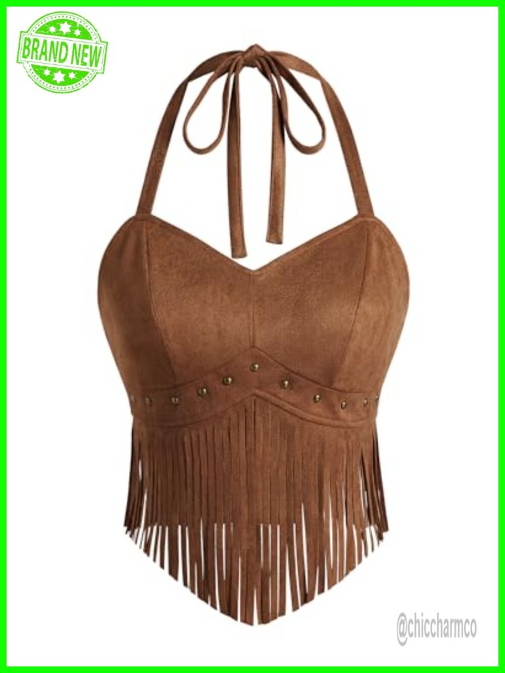 Faux Suede Fringe Halter Crop Top Backless Western Cowgirl Concert Outfit